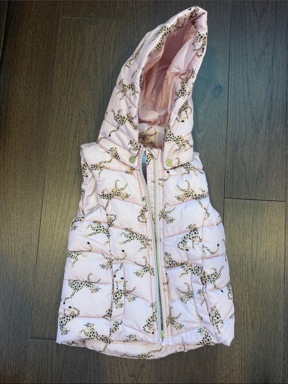 H&M Light Pink Leopard-Print Quilted Hooded Vest Size 3/4t - C11-240
